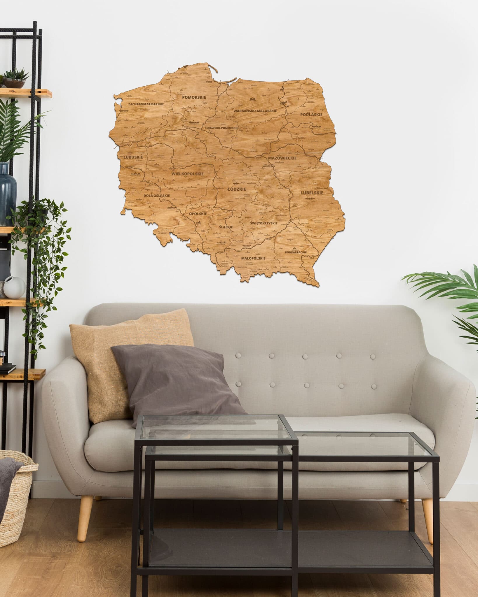 Drewniana Mapa Polski Sikorka® na ścianę - Dąb - 100x100cm - Granice