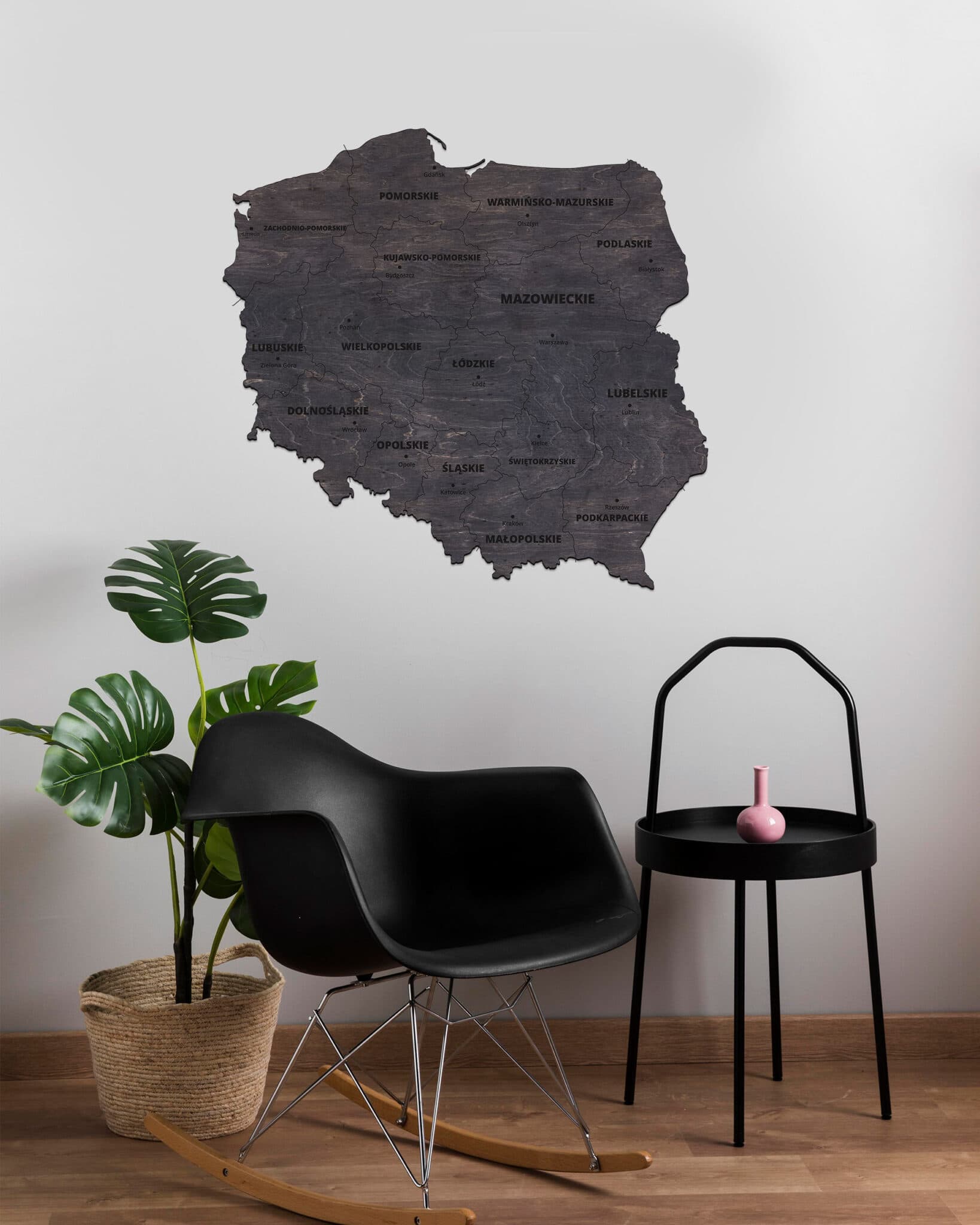 Drewniana Mapa Polski Sikorka® na ścianę - Dąb - 100x100cm - Granice