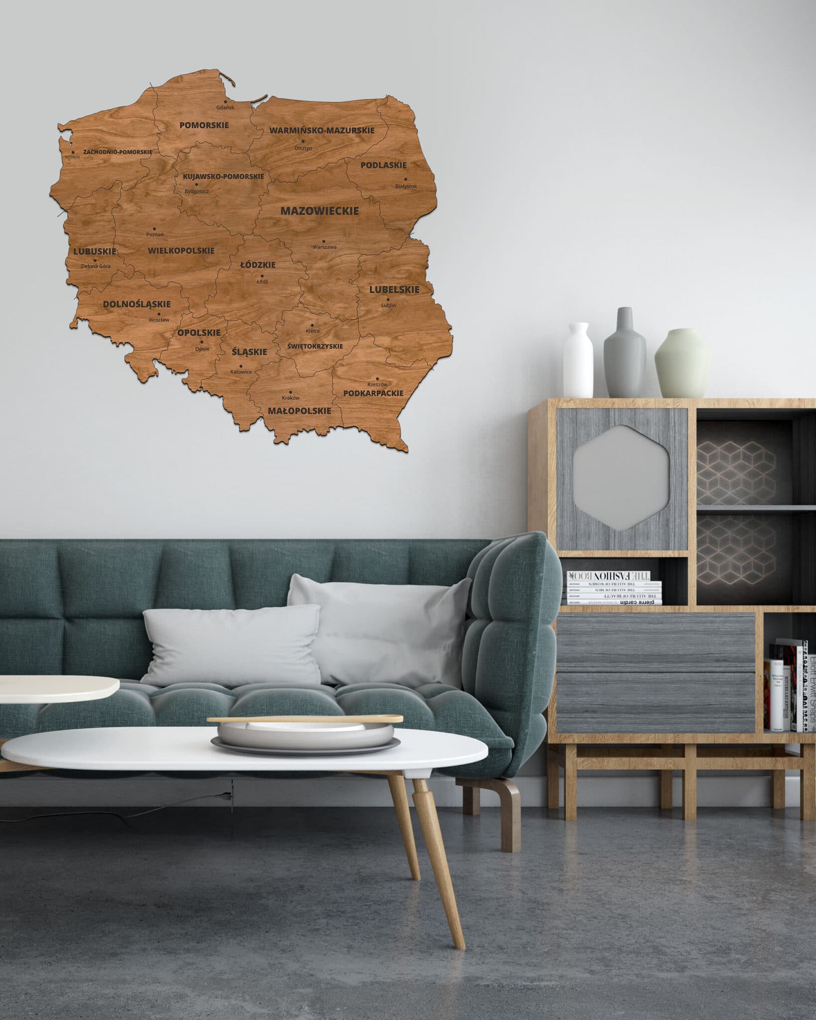 Drewniana Mapa Polski Sikorka® na ścianę - Dąb - 100x100cm - Granice