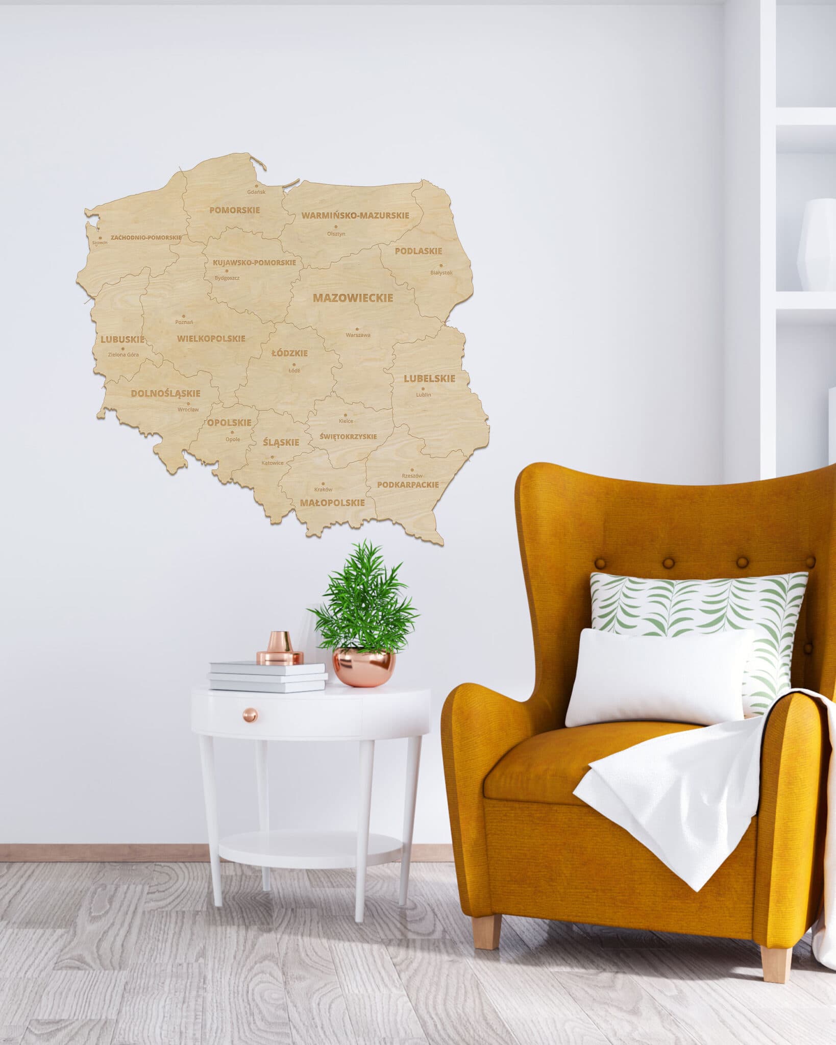 Drewniana Mapa Polski Sikorka® na ścianę - Naturalny - 100x100cm - Granice + Nazwy województw