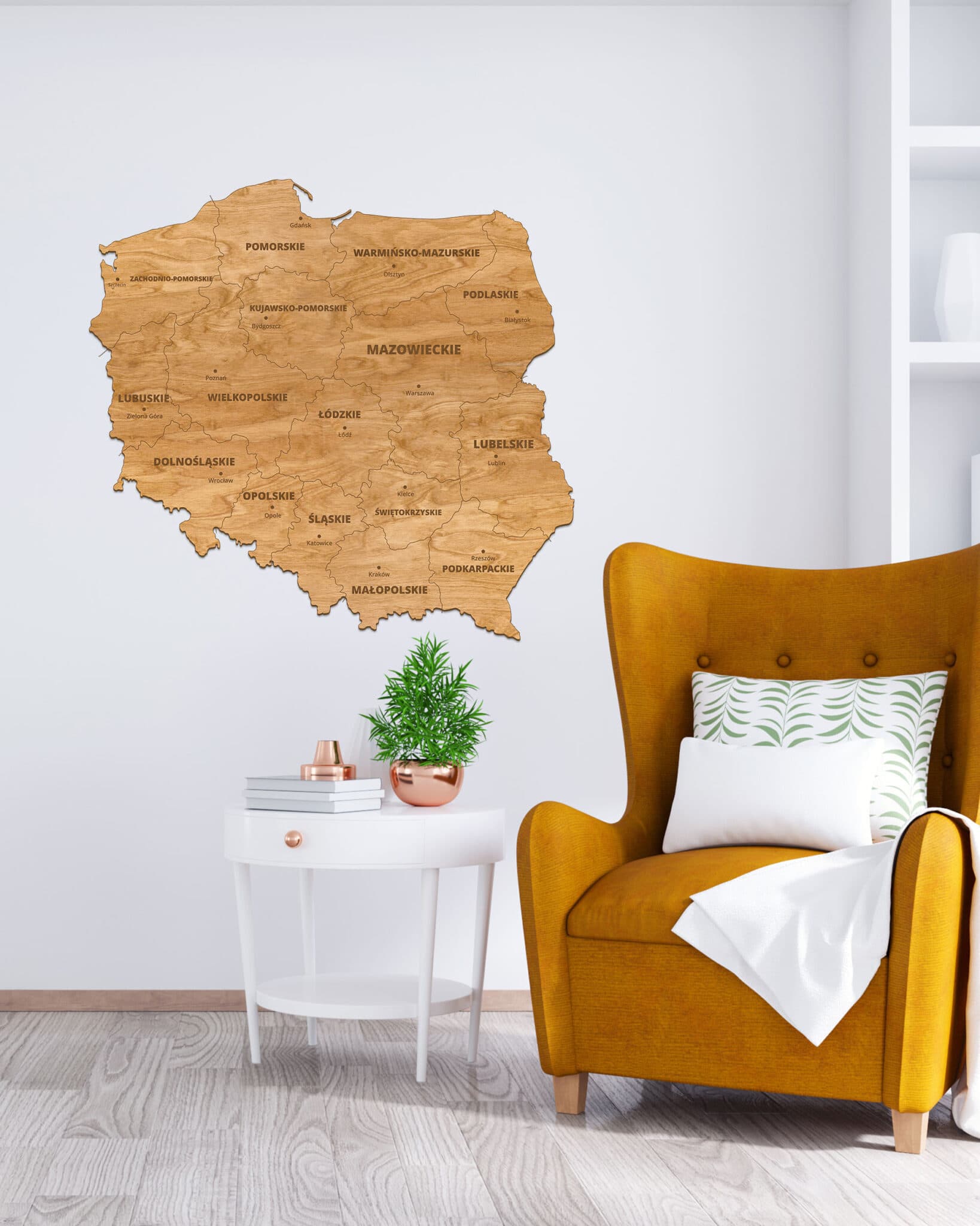 Drewniana Mapa Polski Sikorka® na ścianę - Dąb - 80x80cm - Granice + Nazwy województw