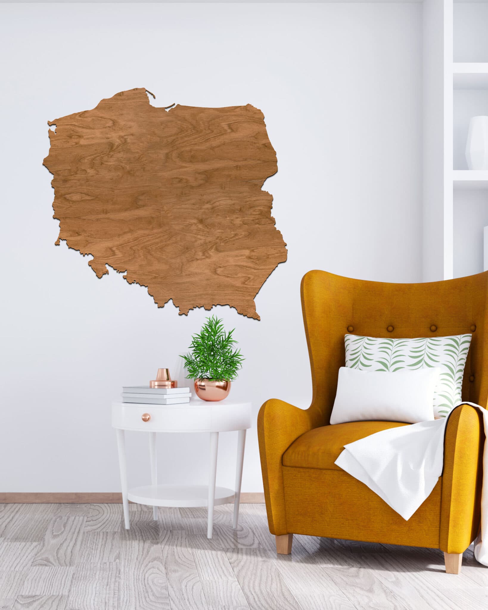 Drewniana Mapa Polski Sikorka® na ścianę - Orzech - 60x60cm - Granice
