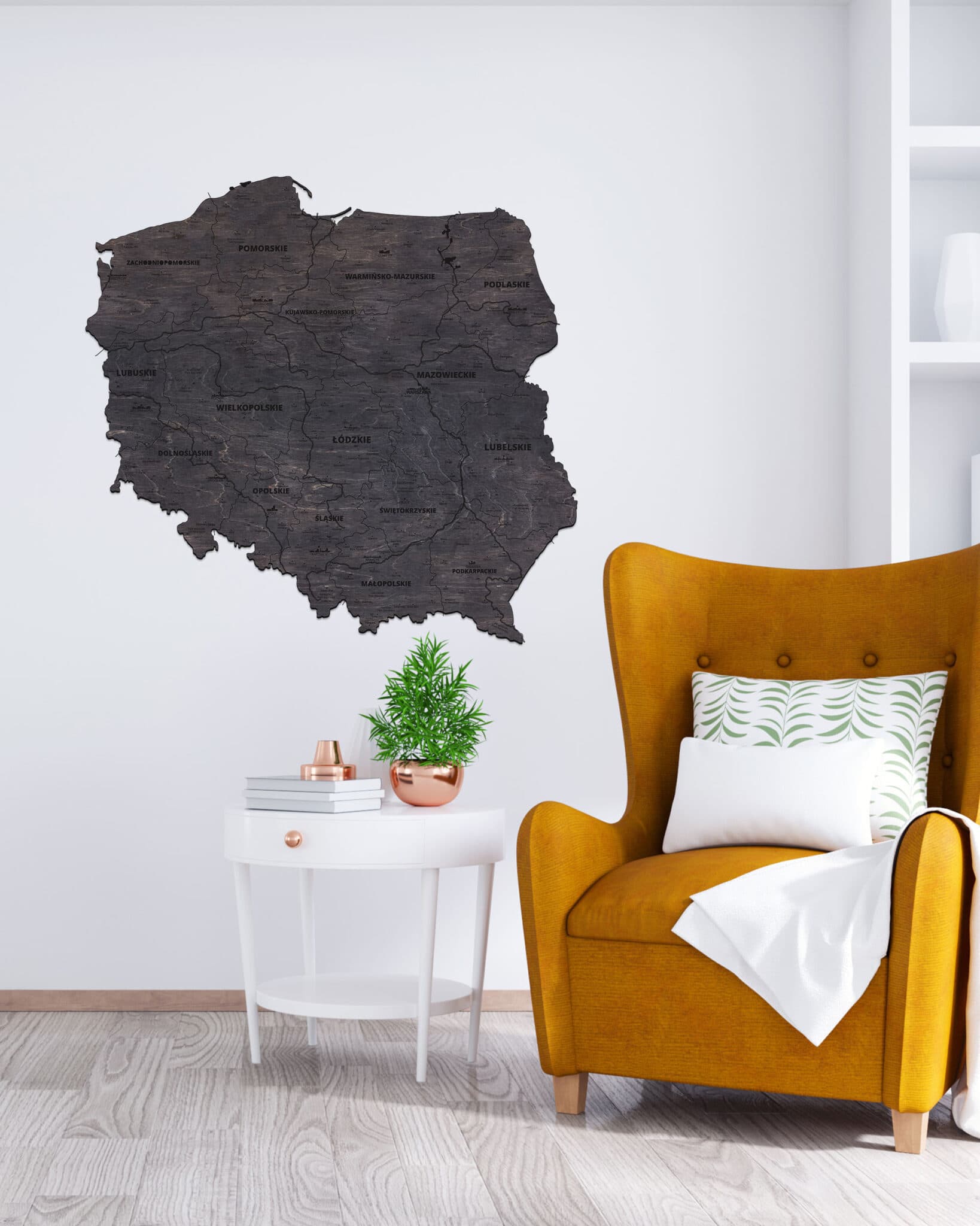 Drewniana Mapa Polski Sikorka® na ścianę - Heban - 100x100cm - Granice + Nazwy województw + Miasta i Rzeki