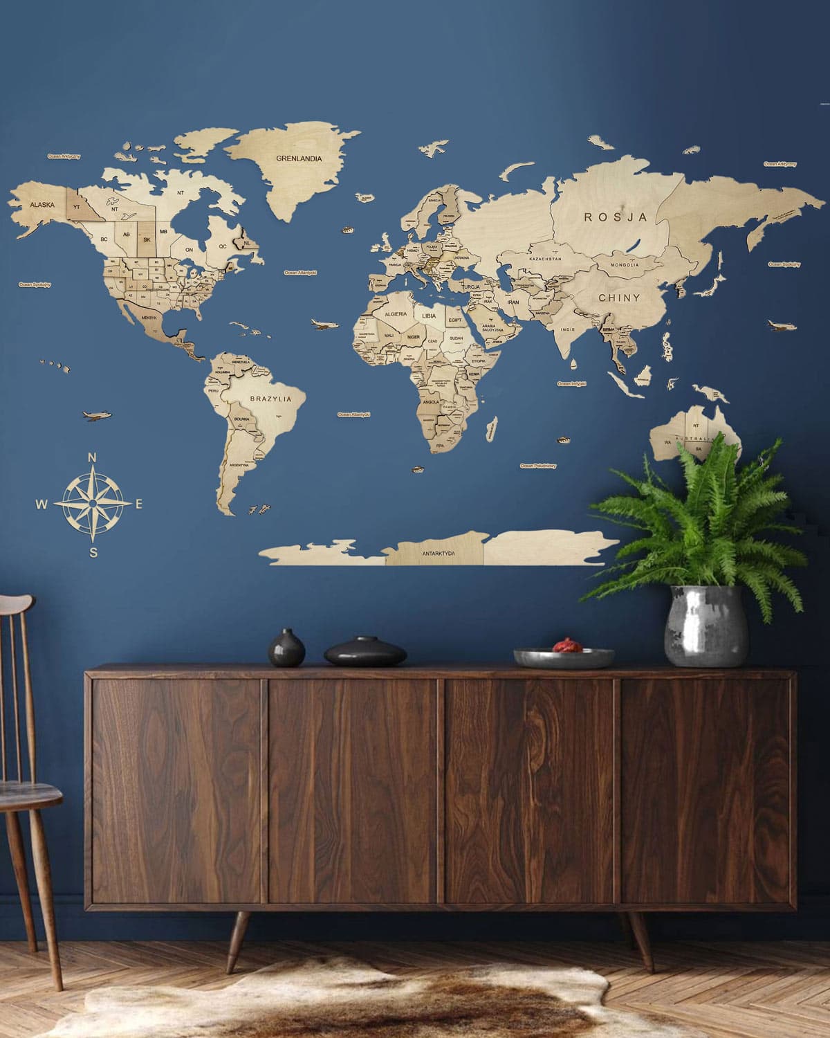 Mapa Świata na ścianę 3D Sikorka® z drewna w kolorze Naturalnym - 120x60cm
