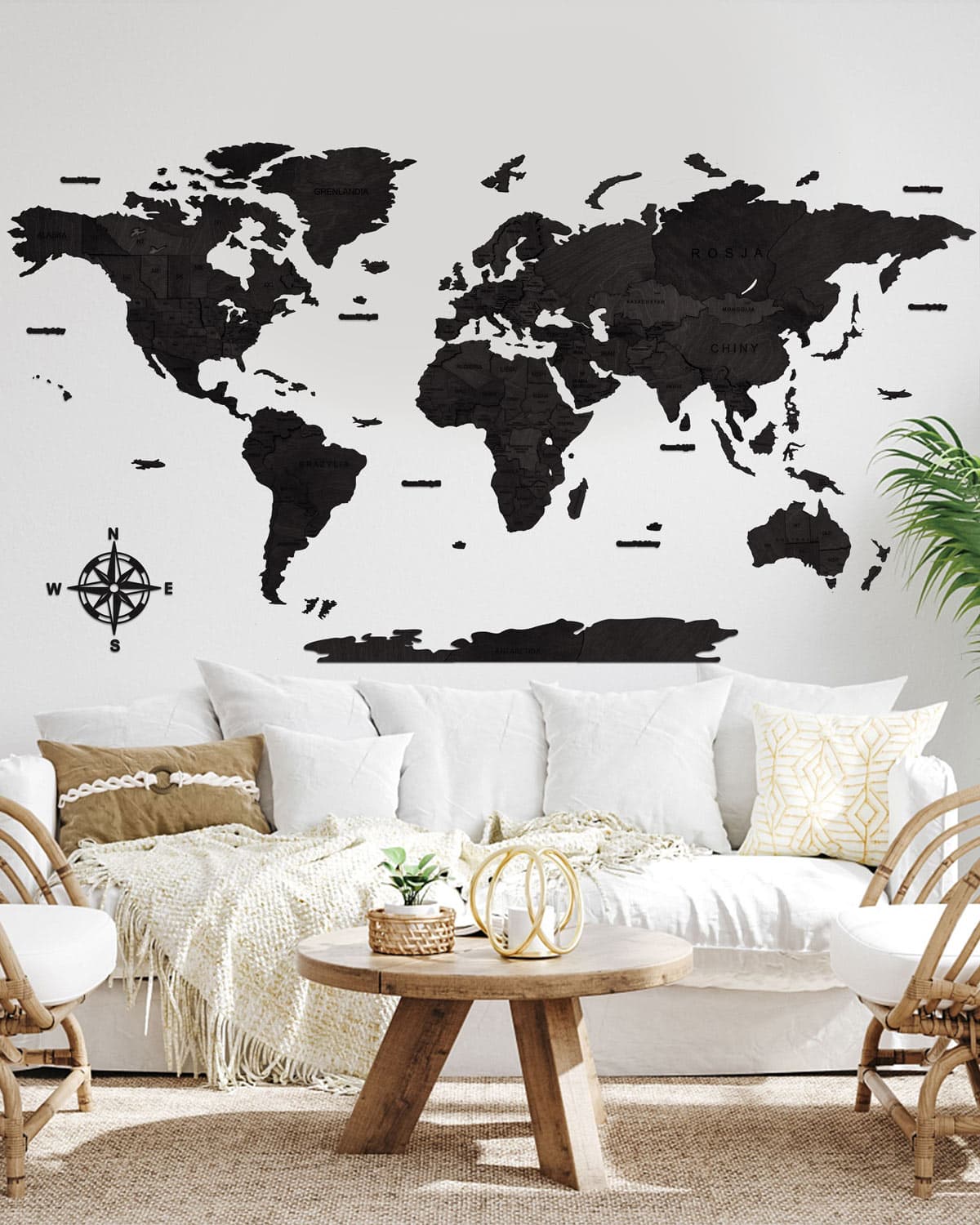 Czarna Mapa Świata na ścianę 3D Sikorka® kolor Hebanu - 150x70cm