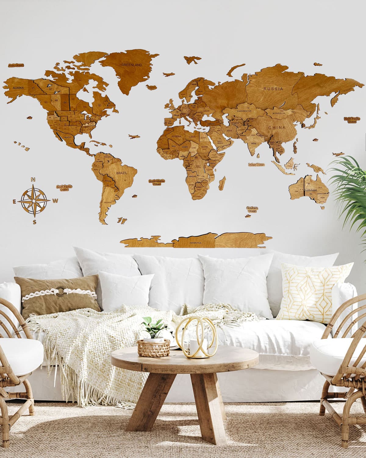 Drewniana Mapa Świata 3D Sikorka® z drewna w kolorze Dąb - 120x60cm