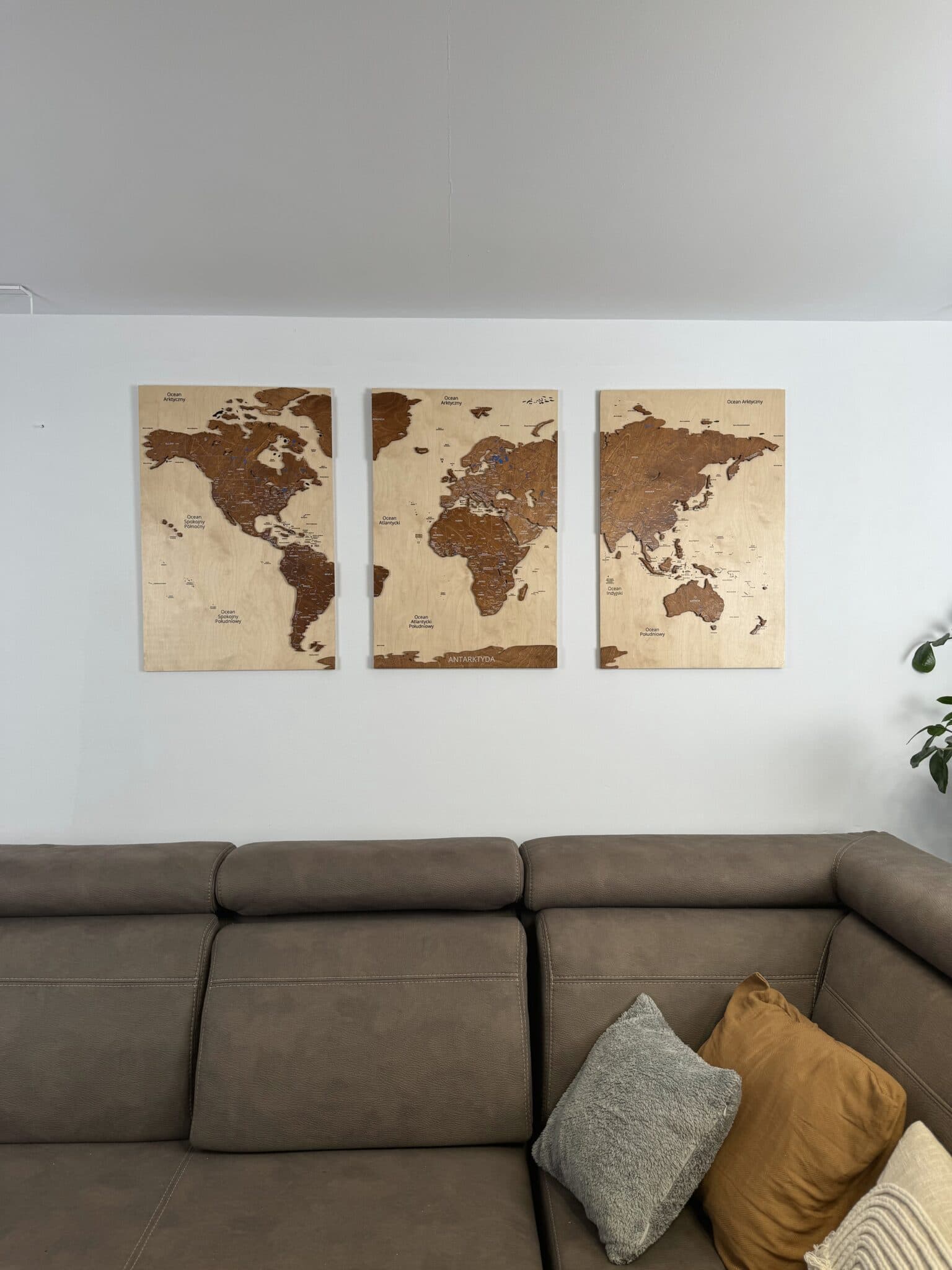 Tryptyk Mapa Świata Premium Sikorka® z drewna - 170x75cm (50x75cm szt) - Granatowy - Naturalny