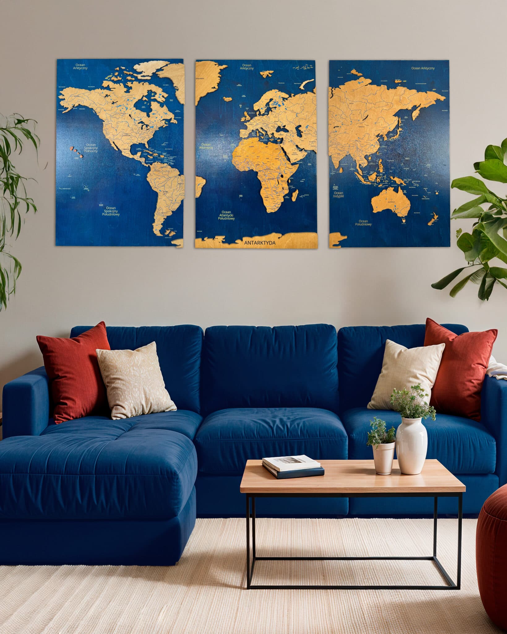 Tryptyk Mapa Świata Premium Sikorka® z drewna - 170x75cm (50x75cm szt) - Granatowy - Dab