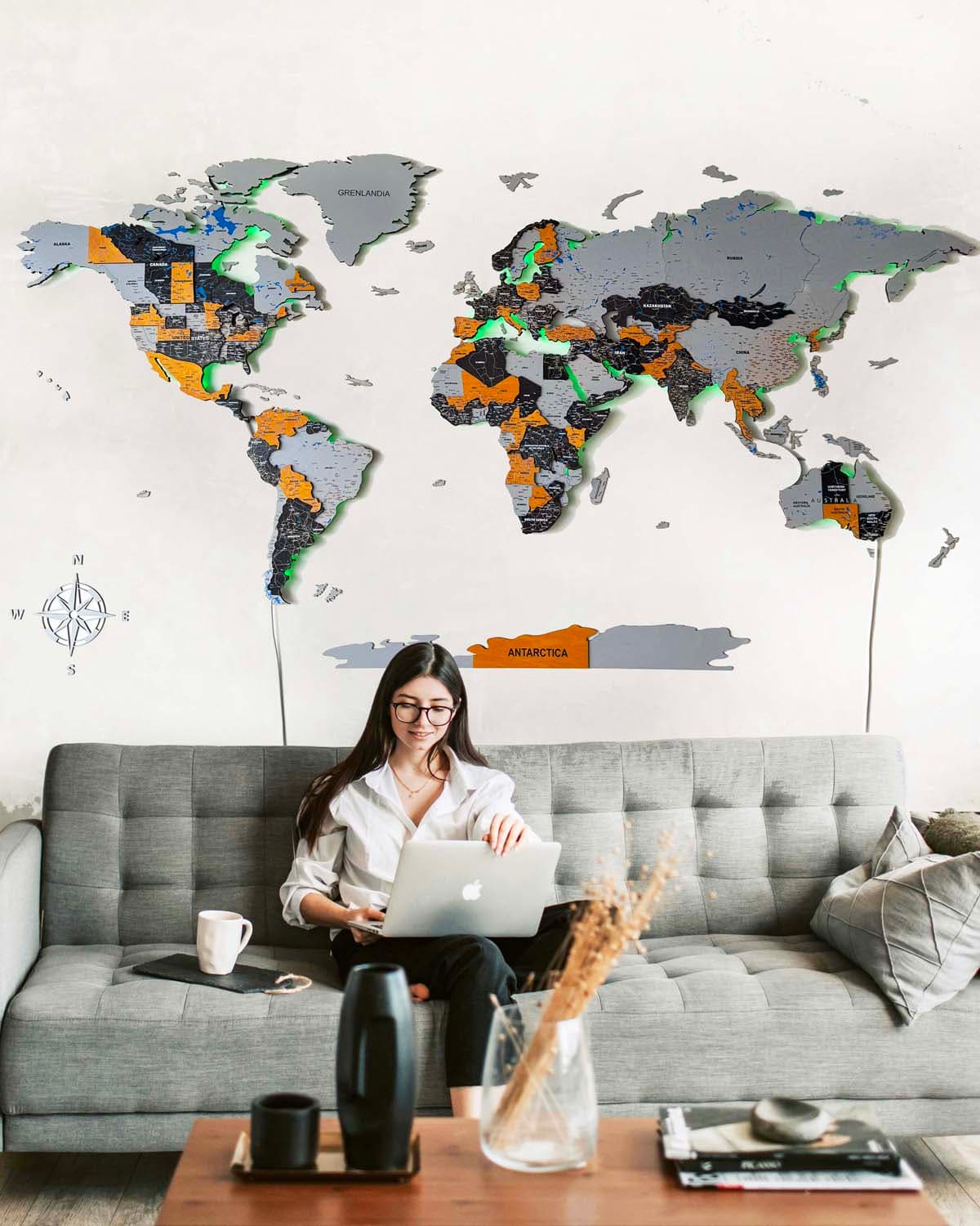 Drewniana Mapa Świata Podświetlana LED 3D Premium Sikorka® - 200x100cm - Nie