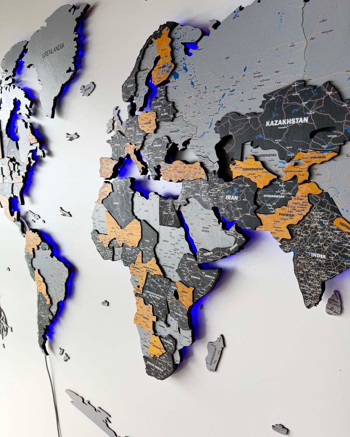 Drewniana Mapa Świata Podświetlana LED 3D Premium Sikorka® - 200x100cm - Nie