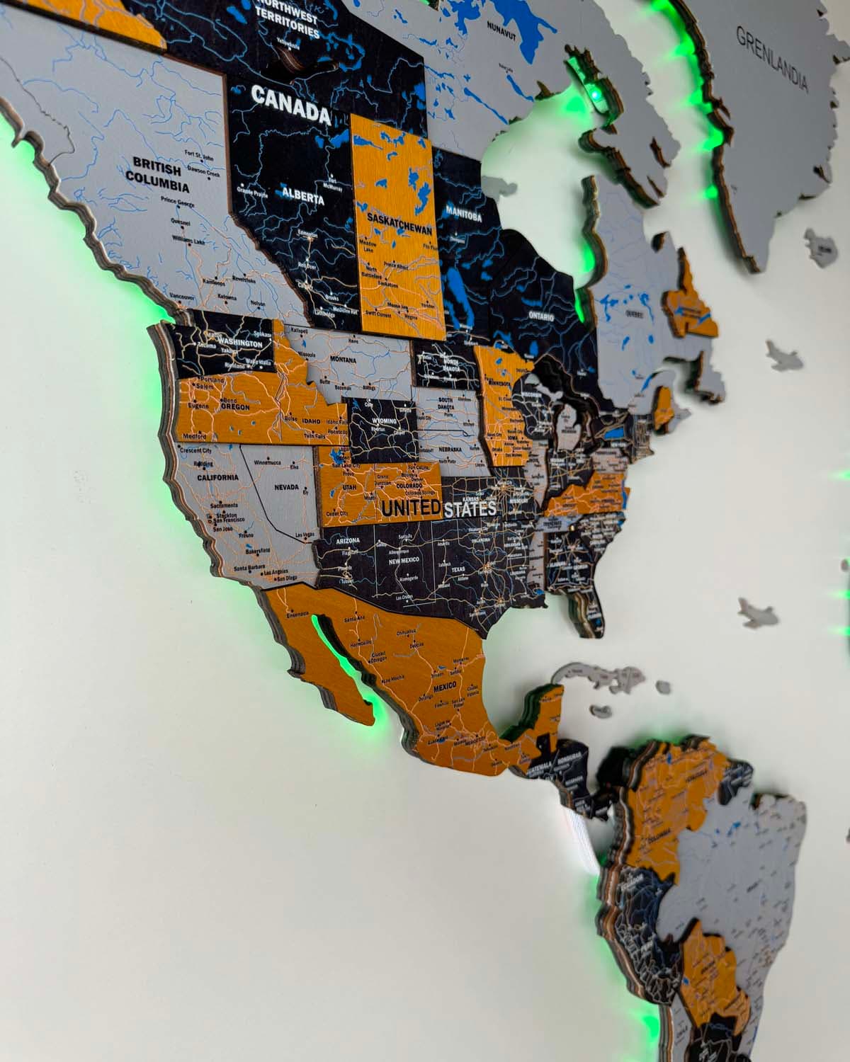 Drewniana Mapa Świata Podświetlana LED 3D Premium Sikorka® - 200x100cm - Nie