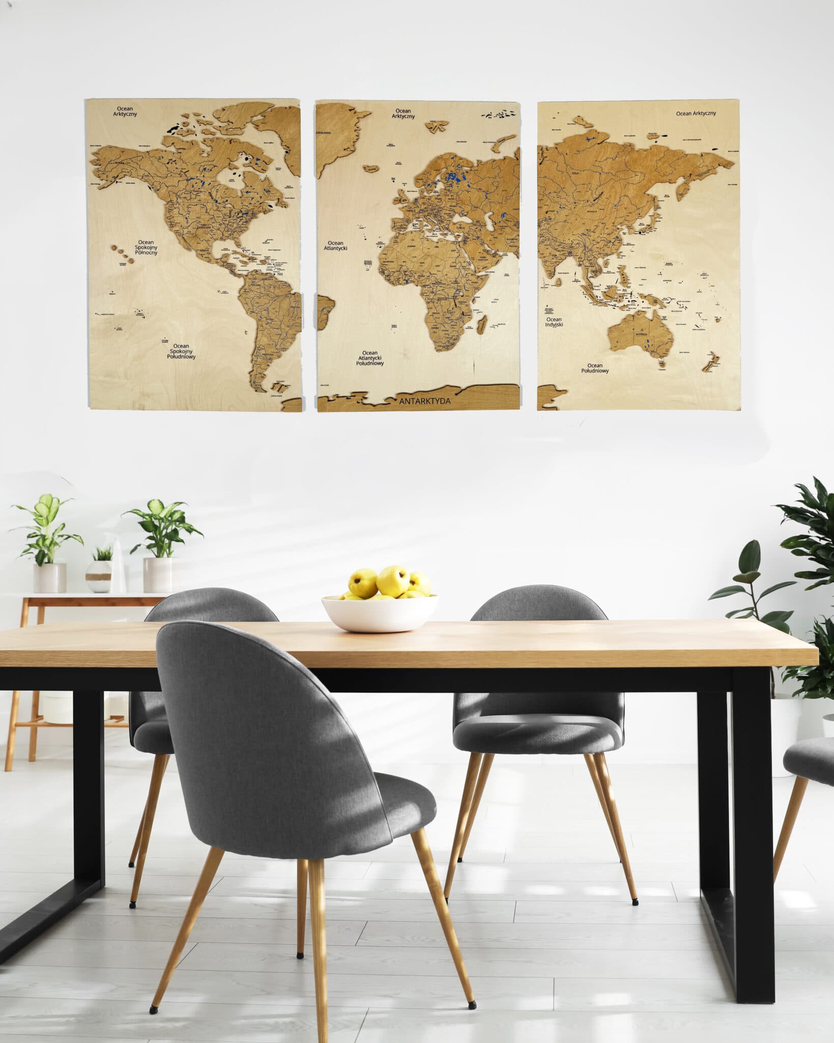 Tryptyk Mapa Świata Premium Sikorka® z drewna - 170x75cm (50x75cm szt) - Naturalny - Dab