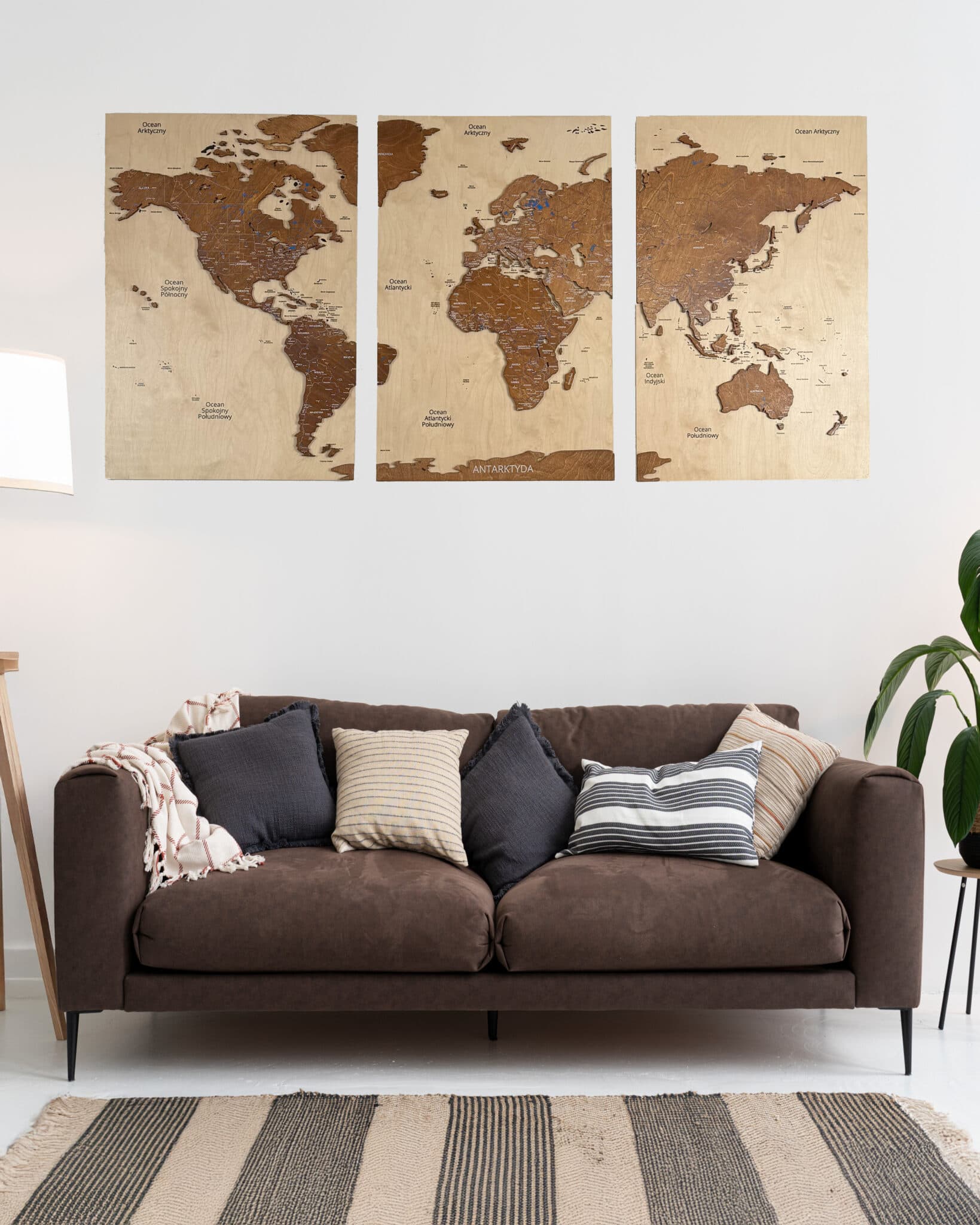 Tryptyk Mapa Świata Premium Sikorka® z drewna - 170x75cm (50x75cm szt) - Naturalny - Orzech